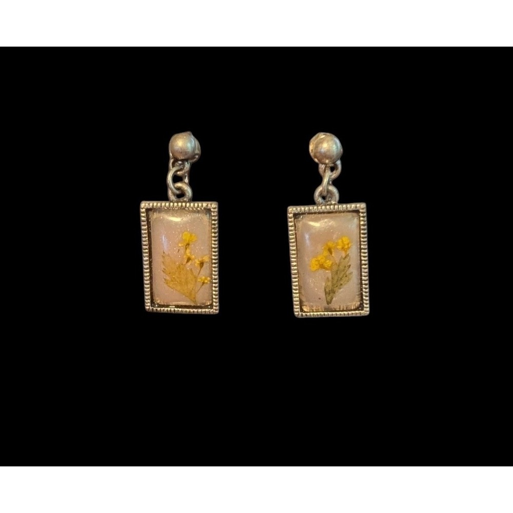 VTG Pressed Flower Resin Drop Earrings Botanical‎ Fairy Dainty Silver Rectangle